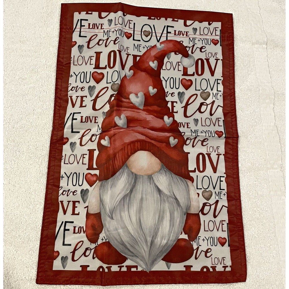Valentine Gnome Love Hearts Reversible Red White Garden Flag 12x18 inches NWOT